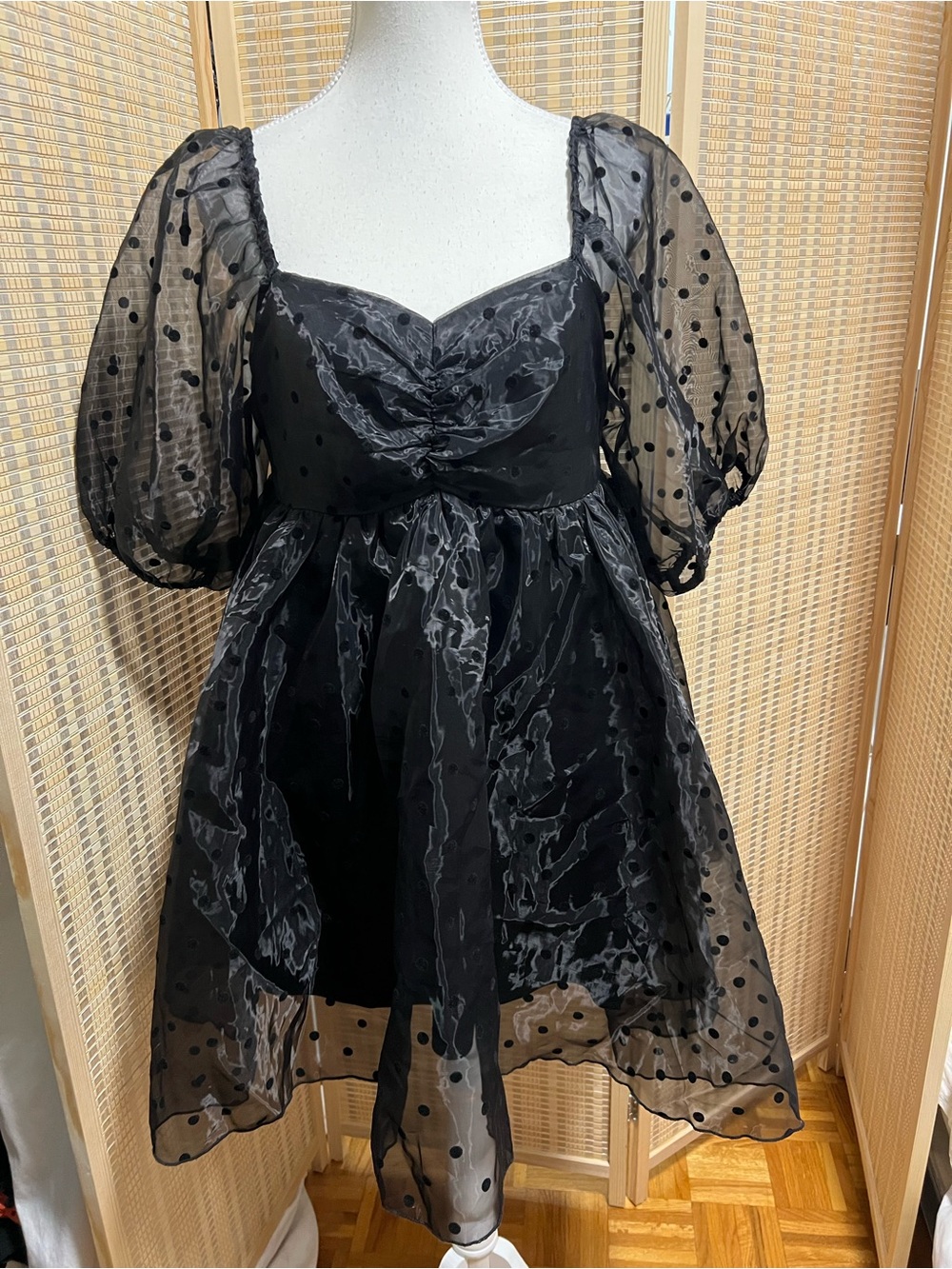 Baevely Black Polka-Dot Puff-Sleeve Mini Dress